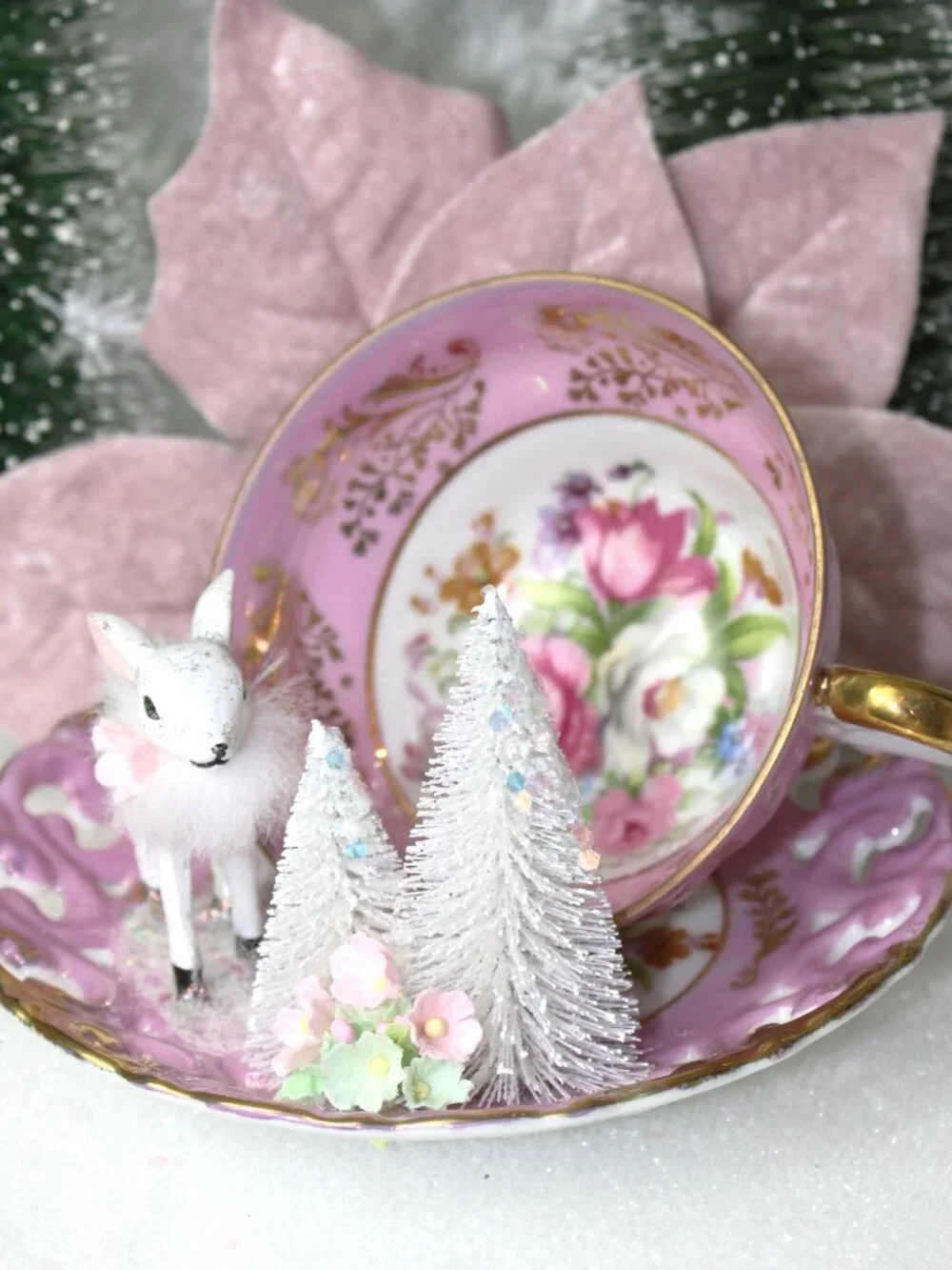 Vintage Christmas Deer, Bottle Brush Trees, Pinkmas, Royal Sealy Teacup, Shabby